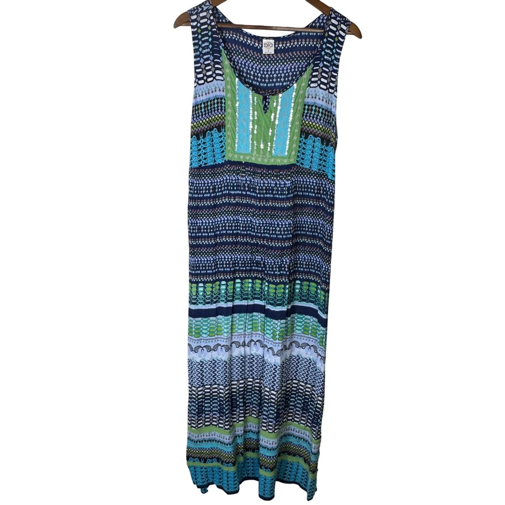 Bila Maxi‎ Dress Sleeveless Blue Green Print Boho Casual Size L